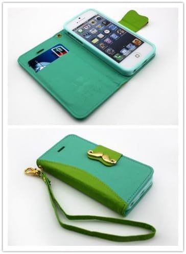 Big Dragonfly I Love Mustache Series Folio PU Leather Case with Cover for Apple iPhone 5S/5 with Built-in Stand and Magnetic Closure & Credit Card Slot & Hand Strap for Lady Retail Package Dark Mint Green & Lemon Green