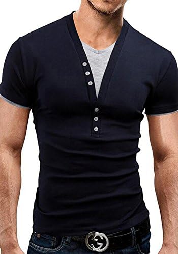 SHIRTQA Mens Henley T-shirts with Short Sleeve (M, Navy Blue)