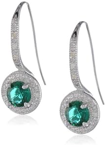 Sterling Silver Created Emerald and Diamond Round Shape Wire Earrings