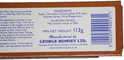 Romneys Dark Chocolate Coated Kendal Mint Cake 113g Boxed Bar x3