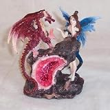 Fairy in Blue with Red Dragon on Pink Geode - Delightful and Mystical Figurine 5 High Decor Collectible