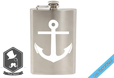 Nautical Sailing Boat Anchor Art 8 OZ Hand-made Etched Stainless Steel Hip Flask with Funnel