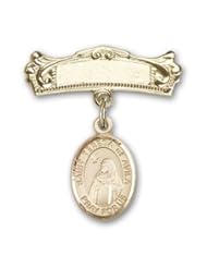 Gold Filled Baby Badge with St. Teresa of Avila Charm and Arched Polished Badge Pin