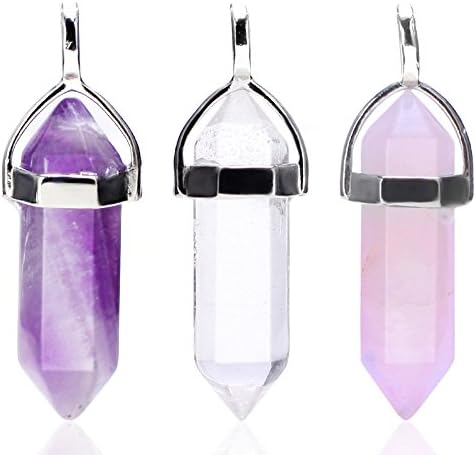 Joolanda Genuine Natural Hexagonal Healing Gemstone Pendant Necklace, Power Healing Chakra, Copper Chain, Unisex (#0301: White Quartz, Rose Quartz, Amethyst) 3PCS / Order