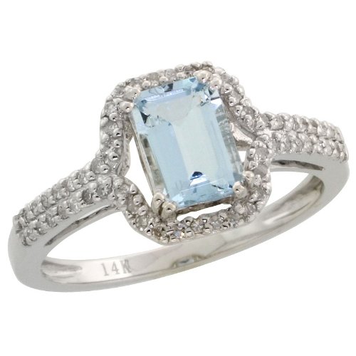 14k White Gold Ladies\' Rectangular Stone Ring, w/ 0.15 Carat Brilliant Cut Diamonds & 0.94 Carat Emerald Cut (7x5mm) Aquamarine Stone, 3/8\