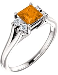 14K White Gold 5.00x5.00mm Princess Cut Spessartite Garnet and Diamond Ring -- LIFETIME WARRANTY