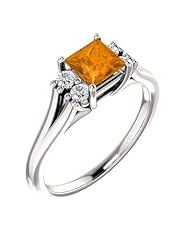 Platinum 5.00x5.00mm Princess Cut Spessartite Garnet and Diamond Ring -- LIFETIME WARRANTY