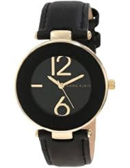 Anne Klein Womens AK/1064BKBK Gold Tone Black Leather Strap Watch