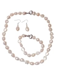 Saint Christine Sterling Silver Freshwater Cultured Pearl Set White Long Necklace And Earrings, Jewelry Set Necklace Length: (62.5Cm)24.61",Earrings Diameter: (1Cm)0.39", Length: (3Cm)1.18"