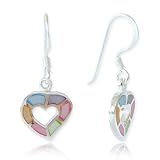 Sterling Silver Multi-Colored Mother of Pearl Shell Heart Dangle Earrings
