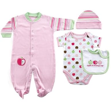 Hudson Baby 4-Piece Pink and Green Apple Layette Set