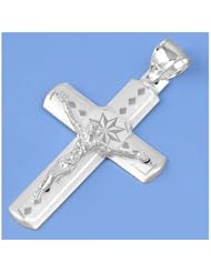 Sterling Silver Religious Crucifix Cross Pendant Gift Charm Pure 925 New 35mm with 1mm Ball Bead Chain