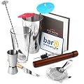 Cocktail Starter Pack by BAR@drinkstuff | Cocktail Set with Professional Boston Cocktail Shaker, Ultimate Bar Book, Muddler, Hawthorne Cocktail Strainer, Bar Knife, Twisted Mixing Spoon, Stainless Steel Pourer, 24x Cocktail Umbrellas & Jigger Measure