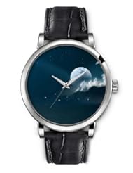 SPRAWL Aanalog Fashion Series Silver Ladies Watches of Genuine Black Leather Strap,Unique Wrist Watch for Women Girls Designed with The moon and clouds