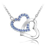 Kzafrance Collection "Fête des Mères" Collier 2 Coeurs entrelacés Cristal Swarovski, chaîne en plaqué Or Blanc 18 Carats et Boîte Cadeau - Bleu Saphir