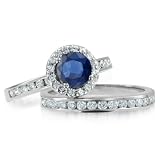 Sapphire Engagement Ring Diamond Wedding Ring Bridal Set in 18k White Gold Halo Ring (G, SI1, 1.27 cttw), 5mm