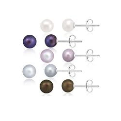 Sterling Silver 5 Pair Multi Color Freshwater Pearl White, Peacock, Pink, Grey, Chocolate Stud Earring Set