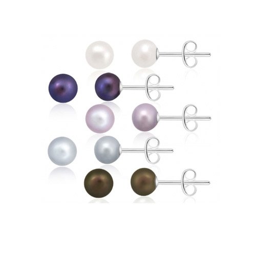 Sterling Silver 5 Pair Multi Color Freshwater Pearl White, Peacock, Pink, Grey, Chocolate Stud Earring Set