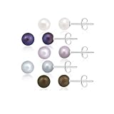 Sterling Silver 5 Pair Multi Color Freshwater Pearl White, Peacock, Pink, Grey, Chocolate Stud Earring Set ~ SilverSpeck.com