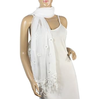 Rhinestone Flower Sheer Polyester Long Scarf Shawl With Handmade Flower Lace Tassels - Various Colors