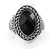 Silvertone Jet Black Faceted Stone Stretch Fashion Ring