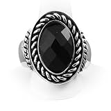 Silvertone Jet Black Faceted Stone Stretch Fashion Ring