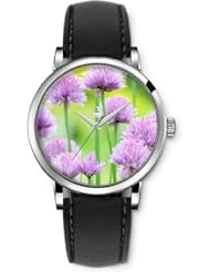SPRAWL Aanalog Fashion Series Silver Ladies Watches of Genuine Black Leather Strap,Unique Wrist Watch for Women Girls Designed with purple Flowers