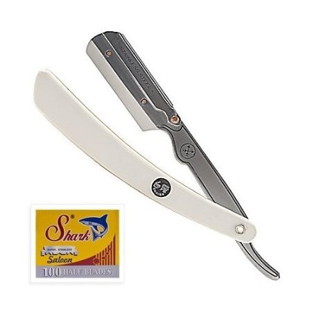 Parker-Shark 34R Couteau de barbier en inox à lame droite + demi-lames de rechange Shark Super
