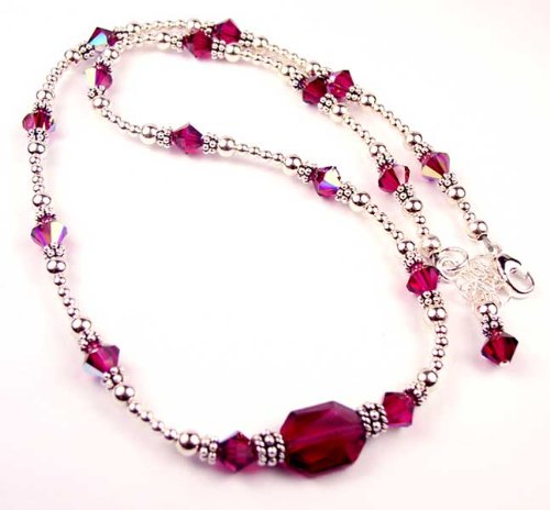 2 Piece SET Ruby - July Birthstone Sterling Silver Swarovski Crystal Handmade Beaded Necklace and Earring