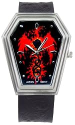 Casket case Phoenix Rising Red Print Markered Brown Tribal Print Leather Band Wrist Watch