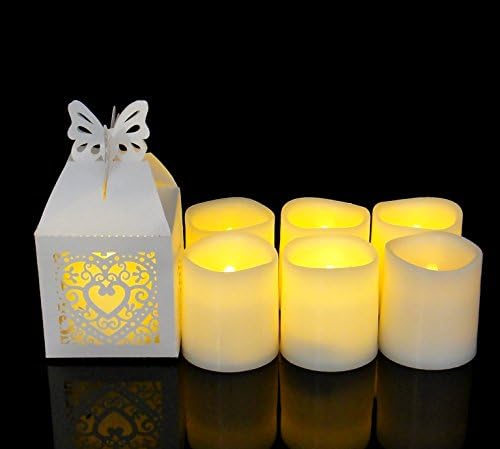 Flameless Candles with Laser-cut Favor Boxes By Festival Delights® - 6 Unscented Small Flameless Candles, Dia. 1.5"x1.75" Height, 70+ Hours of Lighting, 6 Extra Batteries Included, LED Candles, Flameless Candle Set, Votive Candles, Cheap Christmas Gifts, Mom Gifts for Christmas, Christmas Candles, Centerpieces, Christmas Candle Lights, Christmas Gifts, Wedding Decor (Hearts)