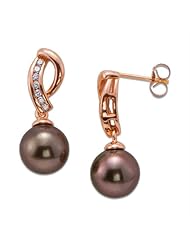 Chocolate Tahitian Pearl Earrings with Diamonds in 14K Rose Gold (9-10mm)