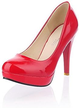 VogueZone009 Ladies Closed Round Toe High Heel Platform Patent Leather PU Solid Pumps, Red, 8 B(M) US