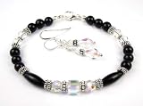 2 Piece Set: Crystal Diamond April Birthstone Bracelets: Black Onyx Gemstone Bracelets with Swarovski Crystals