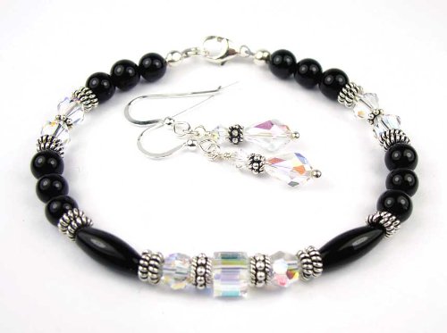 41cNcVjAuhL 2 Piece Set: Crystal Diamond April Birthstone Bracelets: Black Onyx Gemstone Bracelets with Swarovski Crystals
