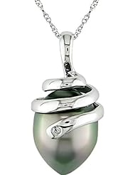 14k White Gold 10-10.5 MM Tahitian Cultured Pearl, and Diamond Pendant (0.28 Cttw, G-H Color, I2-I3 Clarity), 17"