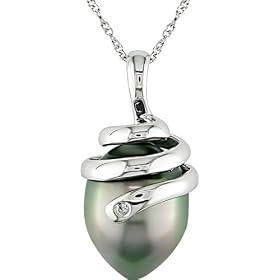 14K White Gold Swirl .01ctw Diamond and 10-11mm Black Tahitian Pearl Pendant by Amour