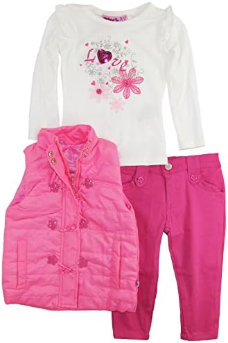 Titicos Babies Baby Girls Floral Love Vest Long Sleeve Tee 3Pc Pant Set, Pink, 18/24 Months