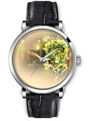 SPRAWL Aanalog Fashion Series Silver Ladies Watches of Genuine Black Leather Strap,Unique Wrist Watch for Women Girls Designed with Potted green leaves