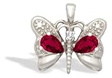 14K White Gold Pear Created Ruby and Diamond Butterfly Pendant