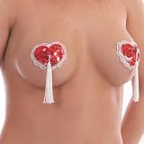 Womens Sexy Heart Sequin Pasties with Lace Trim and Tassels