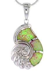 Sterling Silver Seashell Pendant, Pink Synthetic Opal Inlay w/ CZ stones, 1 1/8 inch tall,