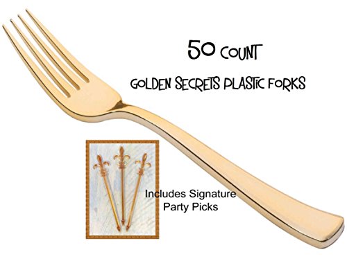 Gold Plastic Forks, PACK of 50 Golden Secrets w/Signature Party Picks