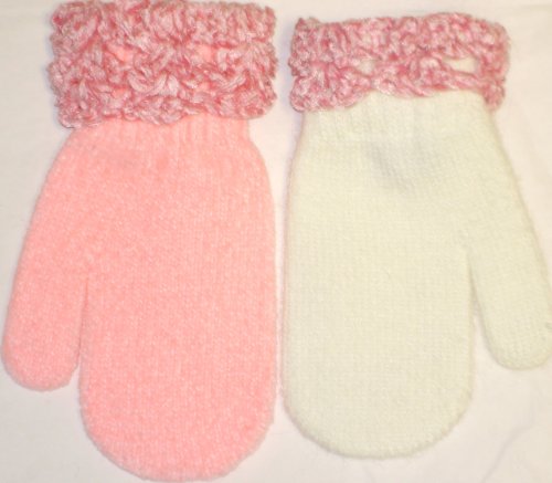 Set of Two Pairs of Winter White and Pink Magic Mittens with Hand Crocheted Chenille Cuff for Infants Ages 6-12 Months