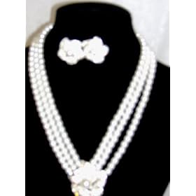 Three Strand White Pearl Choker Necklace with Diamel and Pearl on Sterling Silver Locket and...