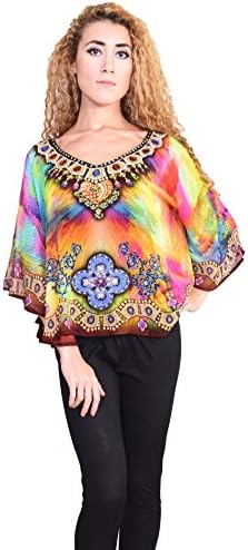 Barcelona Rainbow color Digital Print Bead Work Short Partywear Tunic Top Kaftan