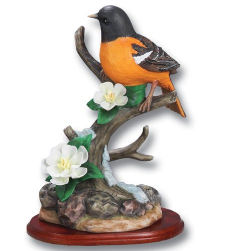 Baltimore Oriole Bird Figurine Porcelain with Flowers on Wood Base - Wildlife Collectible