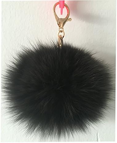 10 cm Real Fox Fur Large Ball Charm Pom Pom Keychain for Car Key Ring or Bag, Black Poms with Gold Key Chain ... (DARK GRAY)