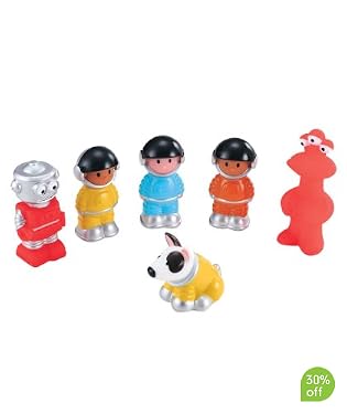 Go on intergalactic adventures with this cool set of 6 space figures. Includes 4 astronauts, robot, alien and space dog.  Suitable from 18 months to 4 years