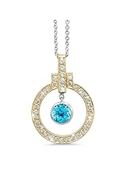 Elegant Bow Twin Circle Diamond Pendant In 18K Yellow Gold With A 0.45 ct. Genuine Blue Topaz Center Stone.
